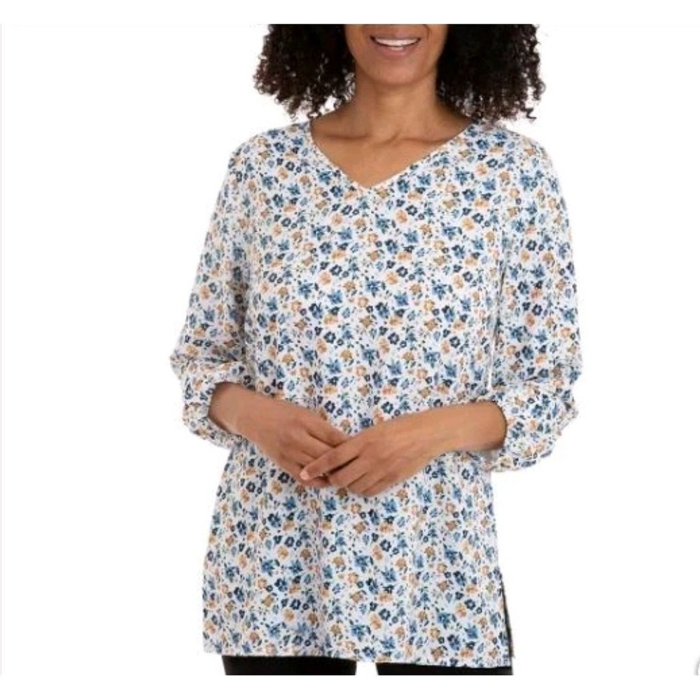 Mario Serrani Italy Floral Blouse Breezy Floral Tunic Top Small 3/4 Sleeve